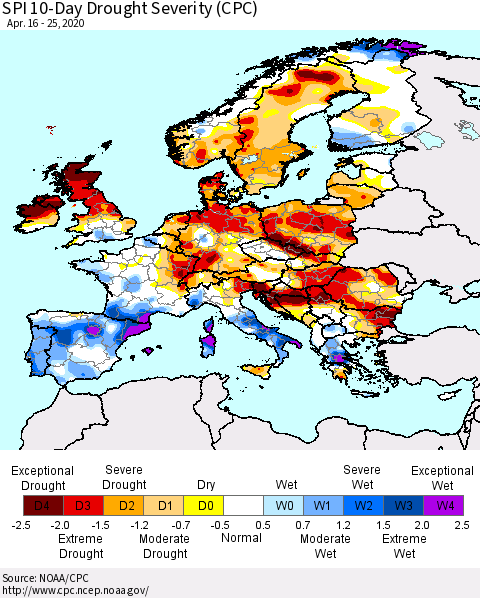 Europe SPI 10-Day Drought Severity (CPC) Thematic Map For 4/16/2020 - 4/25/2020