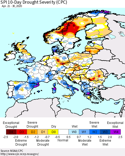 Europe SPI 10-Day Drought Severity (CPC) Thematic Map For 4/21/2020 - 4/30/2020