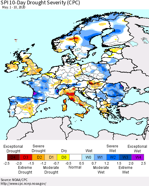 Europe SPI 10-Day Drought Severity (CPC) Thematic Map For 5/1/2020 - 5/10/2020