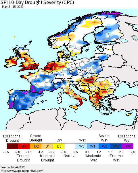 Europe SPI 10-Day Drought Severity (CPC) Thematic Map For 5/6/2020 - 5/15/2020