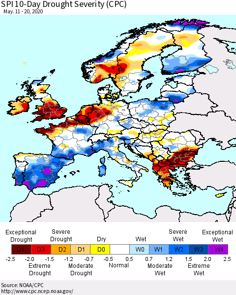 Europe SPI 10-Day Drought Severity (CPC) Thematic Map For 5/11/2020 - 5/20/2020