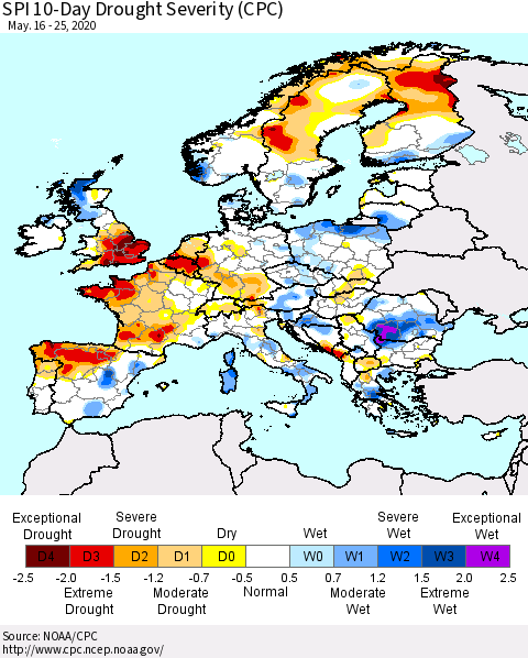 Europe SPI 10-Day Drought Severity (CPC) Thematic Map For 5/16/2020 - 5/25/2020