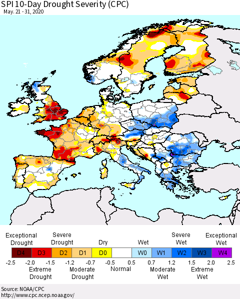 Europe SPI 10-Day Drought Severity (CPC) Thematic Map For 5/21/2020 - 5/31/2020