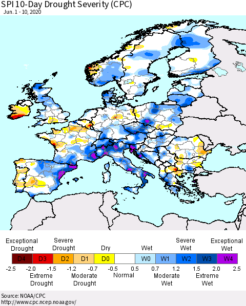 Europe SPI 10-Day Drought Severity (CPC) Thematic Map For 6/1/2020 - 6/10/2020