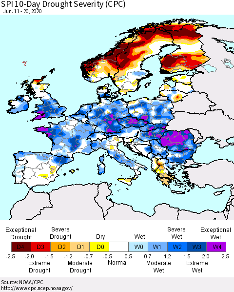 Europe SPI 10-Day Drought Severity (CPC) Thematic Map For 6/11/2020 - 6/20/2020