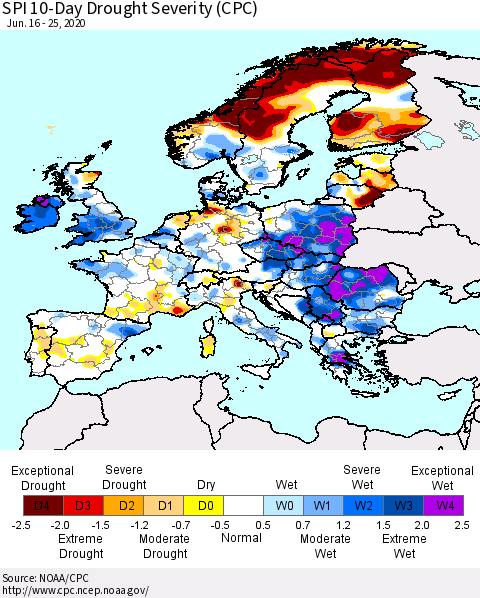 Europe SPI 10-Day Drought Severity (CPC) Thematic Map For 6/16/2020 - 6/25/2020