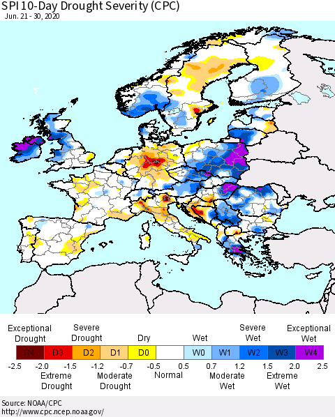 Europe SPI 10-Day Drought Severity (CPC) Thematic Map For 6/21/2020 - 6/30/2020