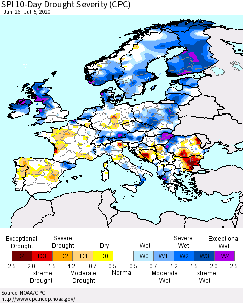 Europe SPI 10-Day Drought Severity (CPC) Thematic Map For 6/26/2020 - 7/5/2020