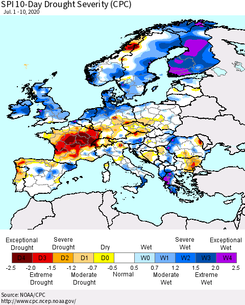 Europe SPI 10-Day Drought Severity (CPC) Thematic Map For 7/1/2020 - 7/10/2020