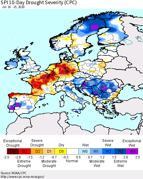 Europe SPI 10-Day Drought Severity (CPC) Thematic Map For 7/16/2020 - 7/25/2020