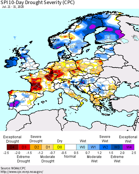 Europe SPI 10-Day Drought Severity (CPC) Thematic Map For 7/21/2020 - 7/31/2020