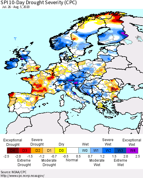 Europe SPI 10-Day Drought Severity (CPC) Thematic Map For 7/26/2020 - 8/5/2020