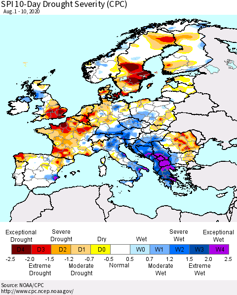 Europe SPI 10-Day Drought Severity (CPC) Thematic Map For 8/1/2020 - 8/10/2020