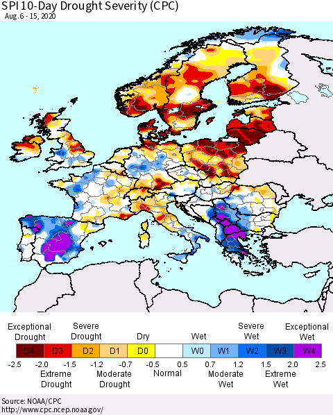 Europe SPI 10-Day Drought Severity (CPC) Thematic Map For 8/6/2020 - 8/15/2020