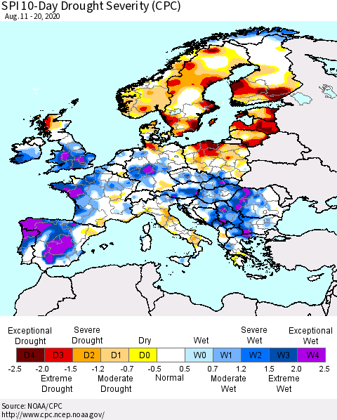 Europe SPI 10-Day Drought Severity (CPC) Thematic Map For 8/11/2020 - 8/20/2020