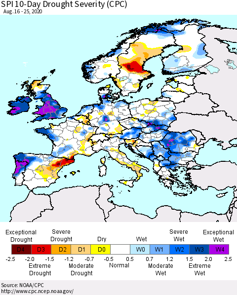 Europe SPI 10-Day Drought Severity (CPC) Thematic Map For 8/16/2020 - 8/25/2020