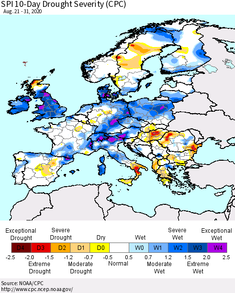 Europe SPI 10-Day Drought Severity (CPC) Thematic Map For 8/21/2020 - 8/31/2020