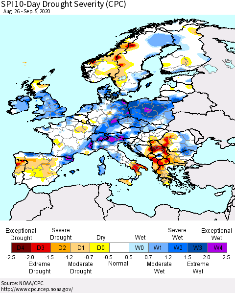 Europe SPI 10-Day Drought Severity (CPC) Thematic Map For 8/26/2020 - 9/5/2020