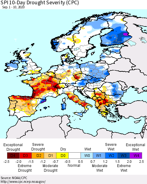 Europe SPI 10-Day Drought Severity (CPC) Thematic Map For 9/1/2020 - 9/10/2020