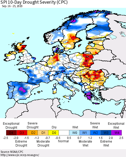Europe SPI 10-Day Drought Severity (CPC) Thematic Map For 9/16/2020 - 9/25/2020