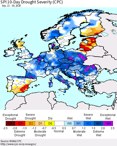 Europe SPI 10-Day Drought Severity (CPC) Thematic Map For 9/21/2020 - 9/30/2020
