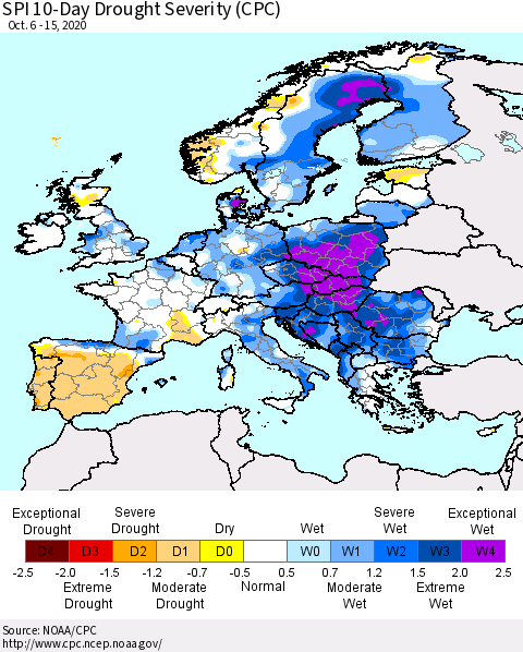 Europe SPI 10-Day Drought Severity (CPC) Thematic Map For 10/6/2020 - 10/15/2020