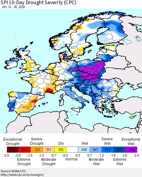 Europe SPI 10-Day Drought Severity (CPC) Thematic Map For 10/11/2020 - 10/20/2020
