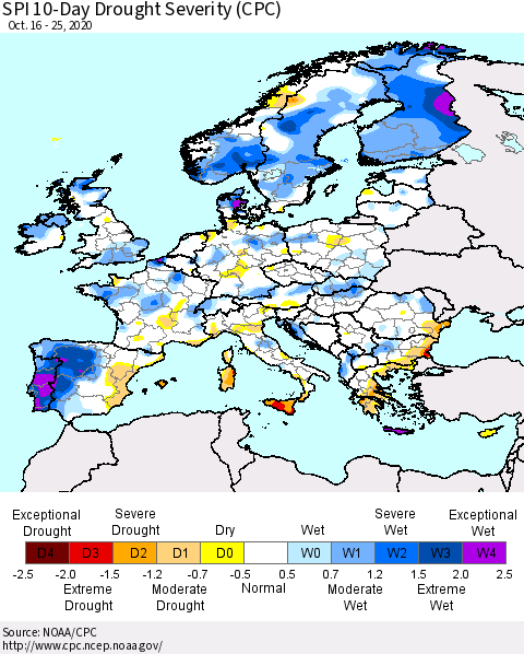 Europe SPI 10-Day Drought Severity (CPC) Thematic Map For 10/16/2020 - 10/25/2020