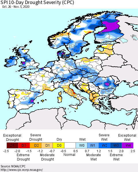 Europe SPI 10-Day Drought Severity (CPC) Thematic Map For 10/26/2020 - 11/5/2020