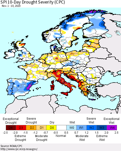 Europe SPI 10-Day Drought Severity (CPC) Thematic Map For 11/1/2020 - 11/10/2020