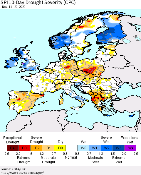 Europe SPI 10-Day Drought Severity (CPC) Thematic Map For 11/11/2020 - 11/20/2020