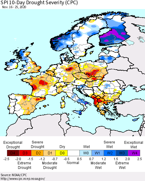 Europe SPI 10-Day Drought Severity (CPC) Thematic Map For 11/16/2020 - 11/25/2020