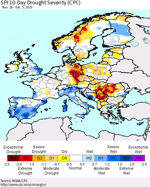 Europe SPI 10-Day Drought Severity (CPC) Thematic Map For 11/26/2020 - 12/5/2020