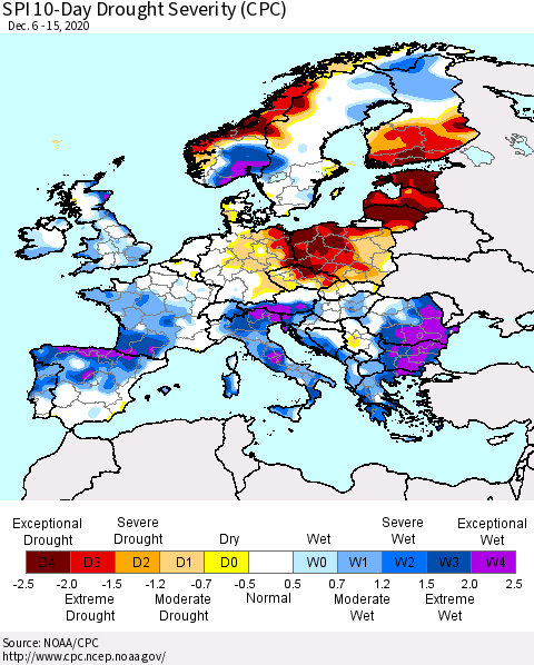 Europe SPI 10-Day Drought Severity (CPC) Thematic Map For 12/6/2020 - 12/15/2020