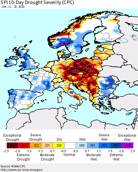 Europe SPI 10-Day Drought Severity (CPC) Thematic Map For 12/11/2020 - 12/20/2020