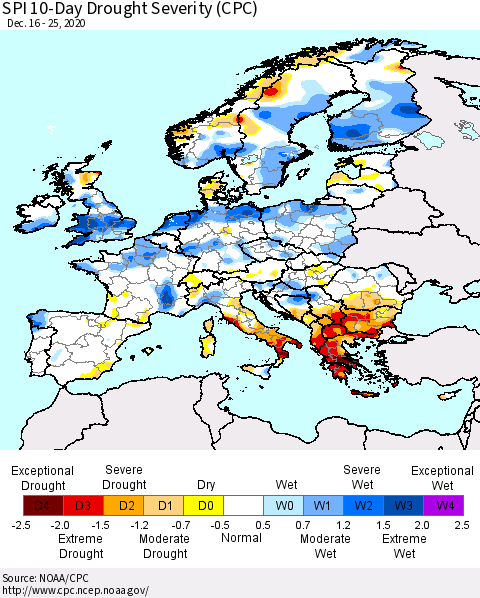 Europe SPI 10-Day Drought Severity (CPC) Thematic Map For 12/16/2020 - 12/25/2020