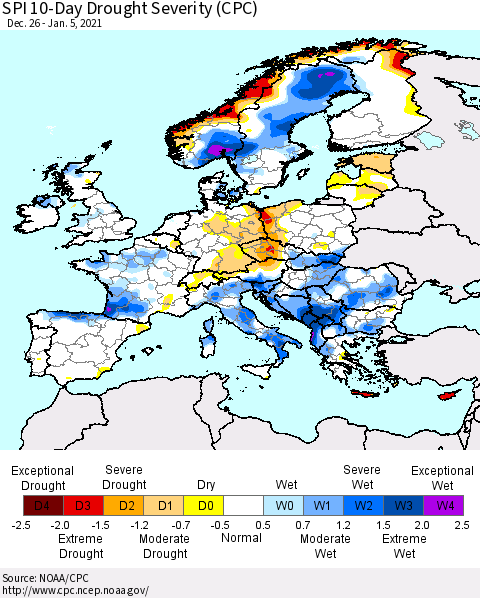 Europe SPI 10-Day Drought Severity (CPC) Thematic Map For 12/26/2020 - 1/5/2021