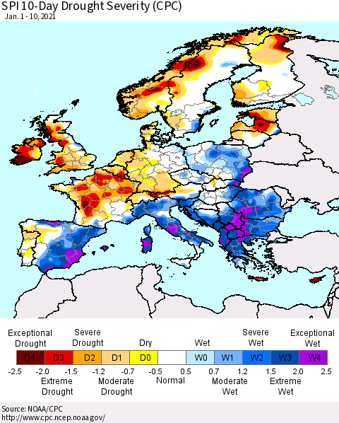 Europe SPI 10-Day Drought Severity (CPC) Thematic Map For 1/1/2021 - 1/10/2021