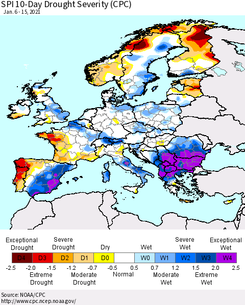 Europe SPI 10-Day Drought Severity (CPC) Thematic Map For 1/6/2021 - 1/15/2021
