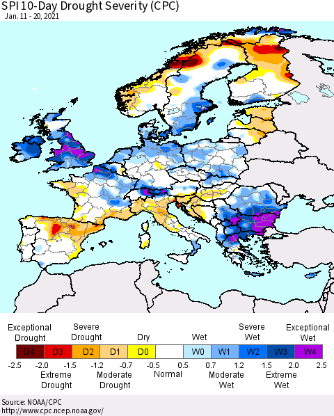 Europe SPI 10-Day Drought Severity (CPC) Thematic Map For 1/11/2021 - 1/20/2021