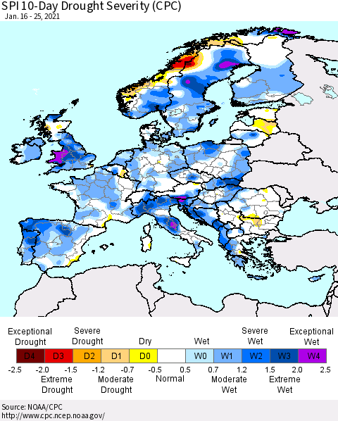 Europe SPI 10-Day Drought Severity (CPC) Thematic Map For 1/16/2021 - 1/25/2021
