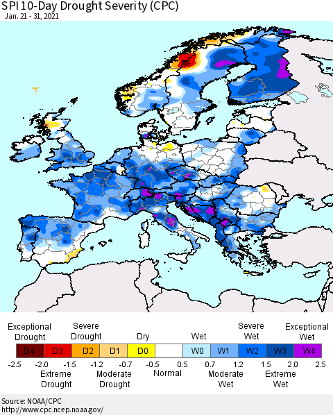 Europe SPI 10-Day Drought Severity (CPC) Thematic Map For 1/21/2021 - 1/31/2021