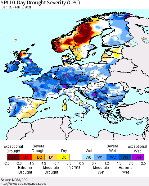 Europe SPI 10-Day Drought Severity (CPC) Thematic Map For 1/26/2021 - 2/5/2021