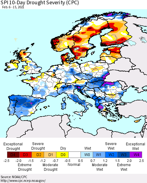 Europe SPI 10-Day Drought Severity (CPC) Thematic Map For 2/6/2021 - 2/15/2021