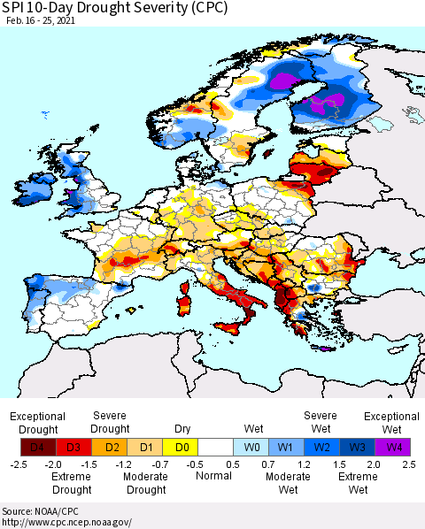 Europe SPI 10-Day Drought Severity (CPC) Thematic Map For 2/16/2021 - 2/25/2021
