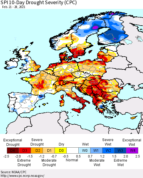 Europe SPI 10-Day Drought Severity (CPC) Thematic Map For 2/21/2021 - 2/28/2021