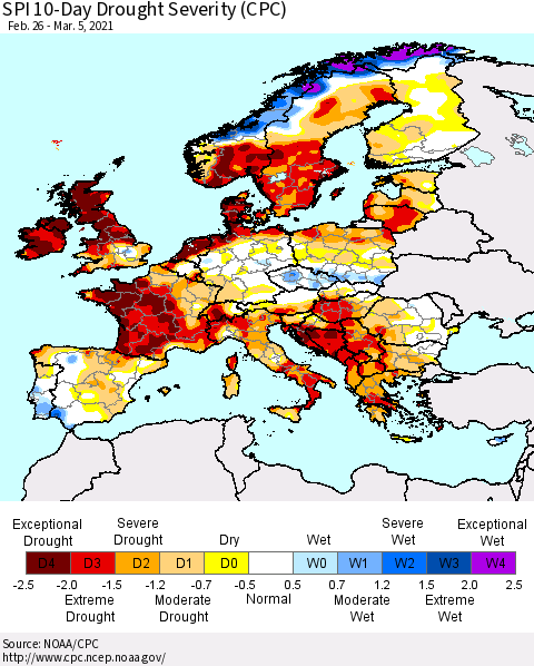 Europe SPI 10-Day Drought Severity (CPC) Thematic Map For 2/26/2021 - 3/5/2021