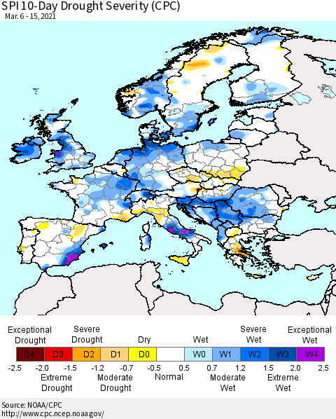 Europe SPI 10-Day Drought Severity (CPC) Thematic Map For 3/6/2021 - 3/15/2021