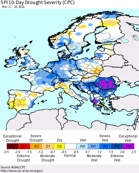 Europe SPI 10-Day Drought Severity (CPC) Thematic Map For 3/11/2021 - 3/20/2021
