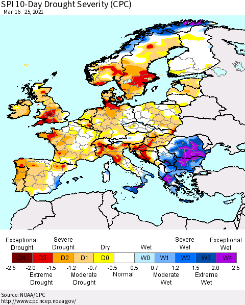 Europe SPI 10-Day Drought Severity (CPC) Thematic Map For 3/16/2021 - 3/25/2021